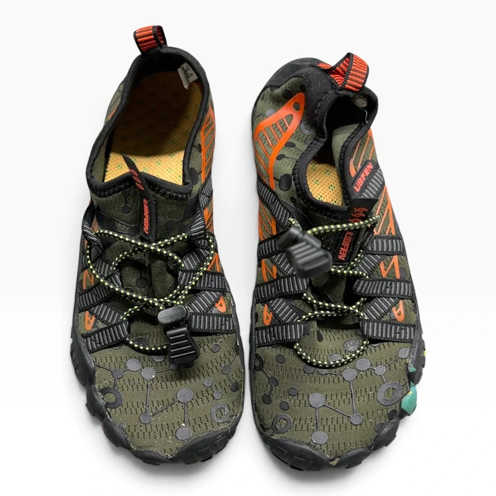 UBFEN Kids Barefoot Water Shoes Olive Green Orange Size 34 Bungee Lace Athletic